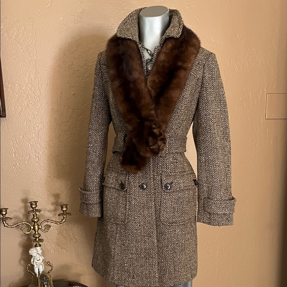 Ann Taylor Loft Elegant Brown Herringbone Trench Coat.  SZ 2P - Picture 6 of 7